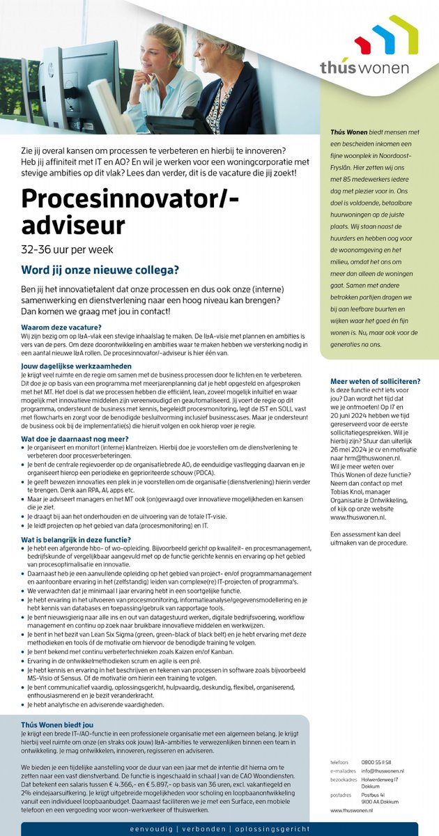 ThusWonen's tweet photo. Procesinnovator/-adviseur Thús Wonen zoekt een enthousiaste en ervaren procesinnovator/-adviseur: https://t.co/GJ57CVmQ1U https://t.co/YkxAdsHC6O