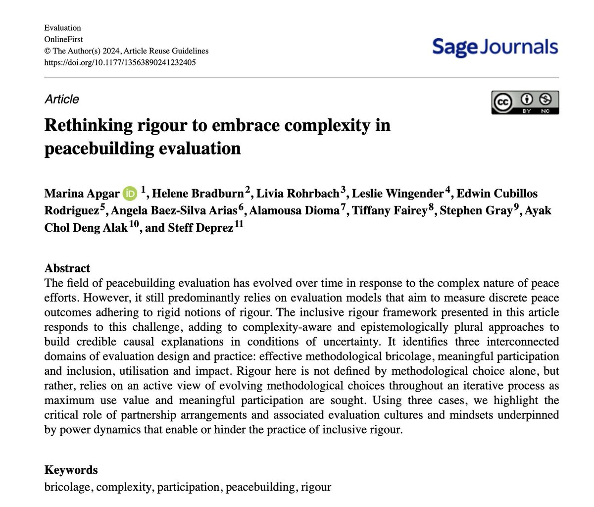 🕊️📚 Why should rigour be rethought to embrace complexity in peacebuilding evaluations? Dr @tiffanyfairey co-authored this article, which presents an inclusive rigour framework to improve the evaluation of peacebuilding interventions. Explore it ⬇️ journals.sagepub.com/doi/epub/10.11…