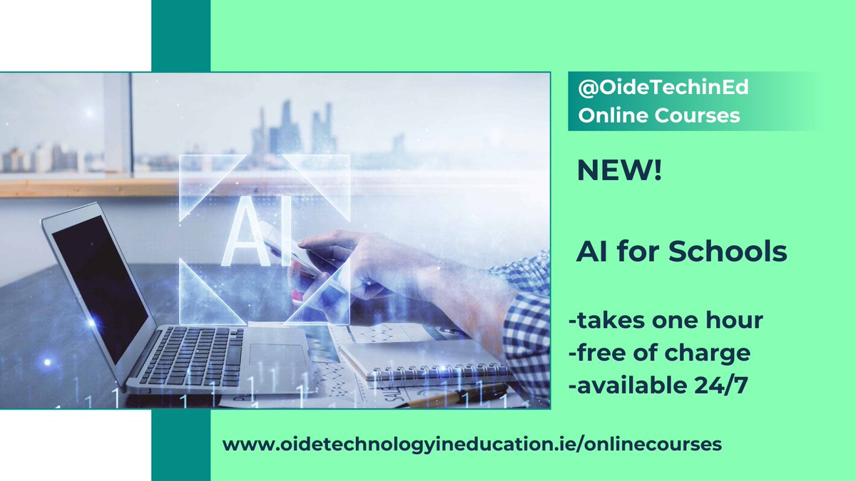 Have you been waiting for a short introduction to Artificial Intelligence and what it means for teachers and school leaders in Ireland? Here it is! A one-hour online course, available now: bit.ly/AIFS #ICTonlinecourses @Oide_Ireland @AdaptCentre #Edchatie