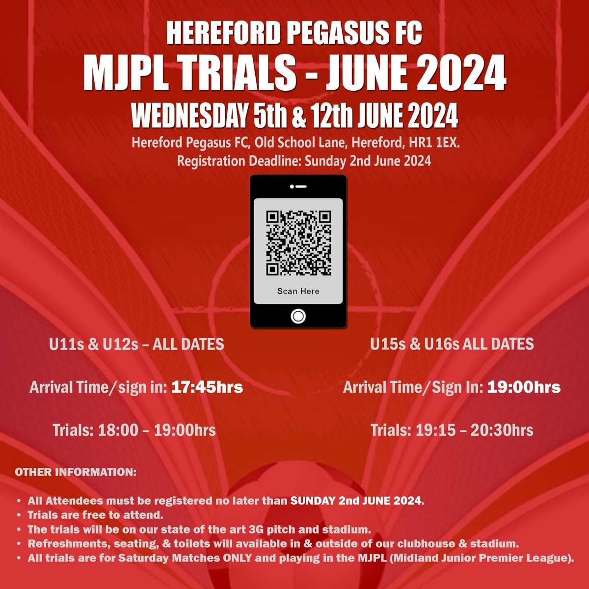 Just a reminder that we have trials coming up for our Midland Junior League teams for next season. It's not too late to register. See below for details ...🔴⚪️