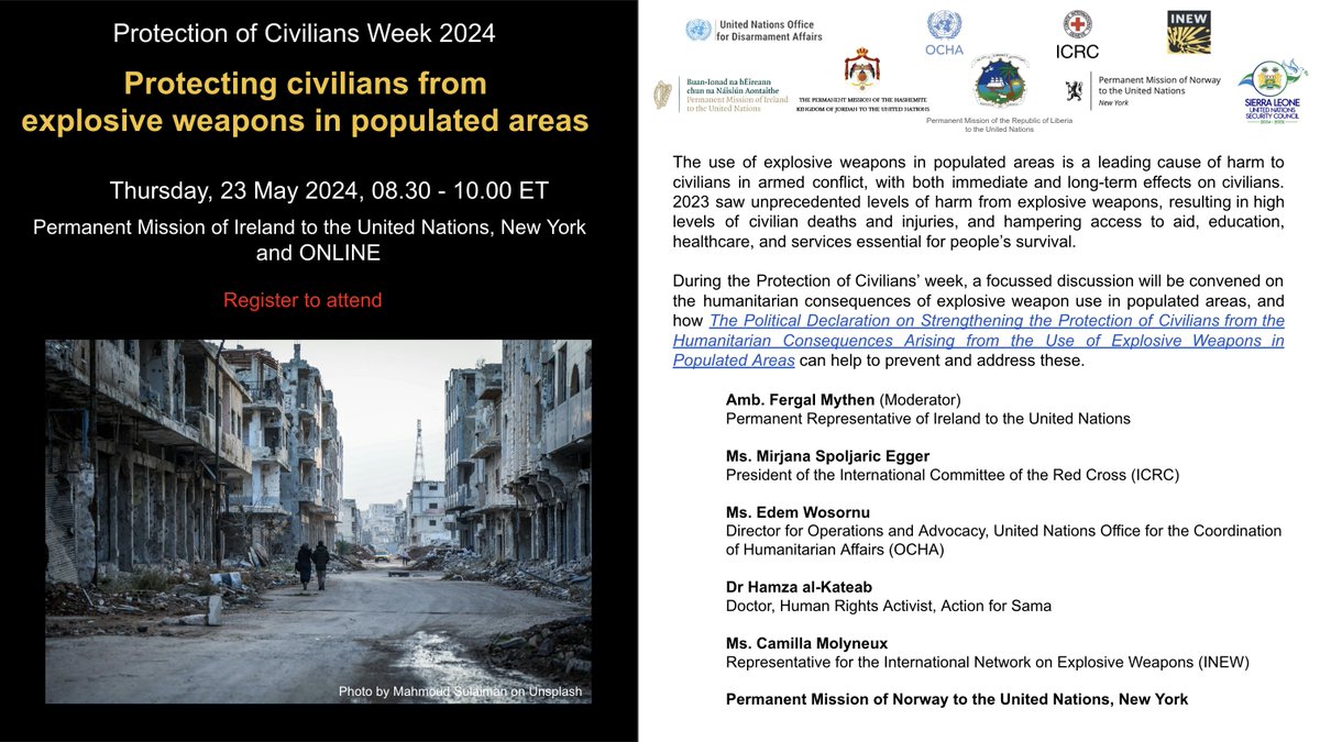 Join us for a side event during #POCWEEK2024 on 'Protecting Civilians from Explosive Weapons in Populated Areas'.

📍 23 May 2024, 08:30 ET, New York or online

Read more and register here ➡️ bit.ly/4dAsvhD

#EWIPA #NotATarget #ExplosiveWeapons