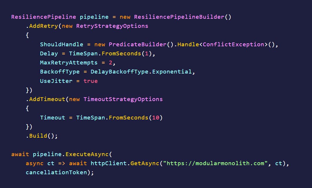 From my experience working with microservices systems, things don't always go as planned.

Network requests randomly fail, application servers become overloaded, and unexpected errors appear.

That's where resilience comes in.

And .NET 8 makes adding resilience so much easier.👇