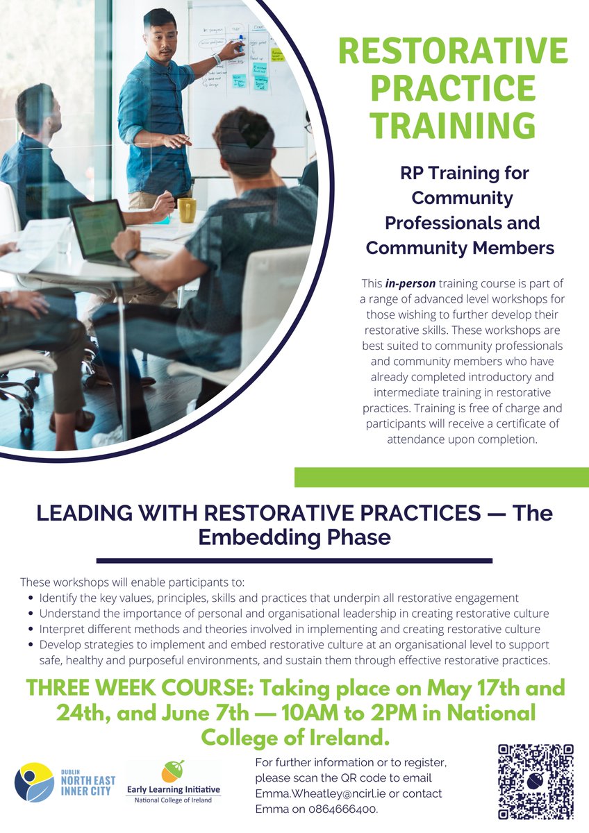 There will be a three week Restorative Practice Training course beginning this Friday the 17th of May📒Contact Emma on 086 466 6400 or emma.wheatley@ncirl.ie #NEIC #RestorativePractice