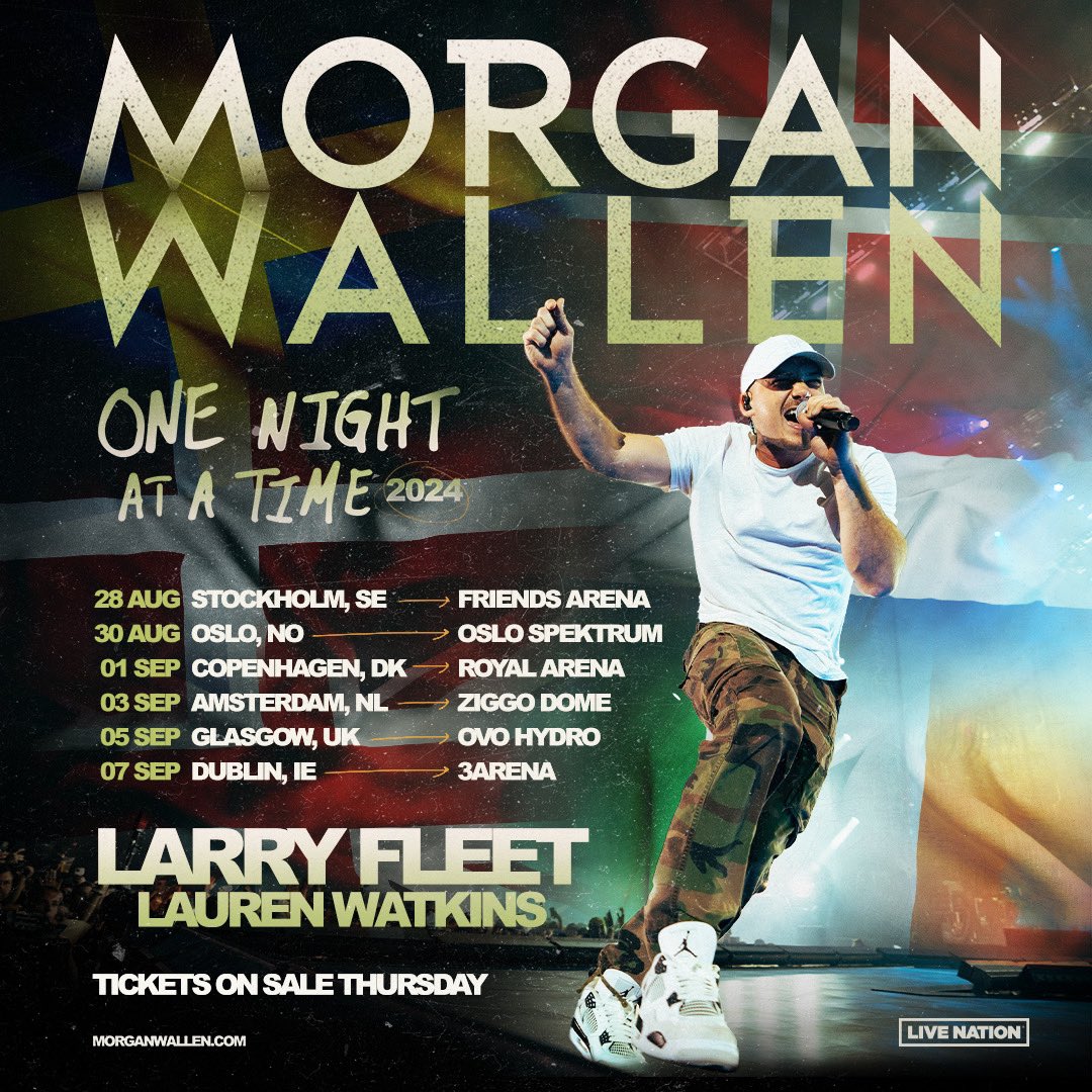 MorganWallen's tweet image. Europe, we're bringing the One Night At A Time 2024 tour your way. 

Pre-sale starts Tuesday, 5/14 @ 11am local time
*Sign up for my newsletter to receive the pre-sale code
On Sale Starts Thursday, 5/16 @ 11am local