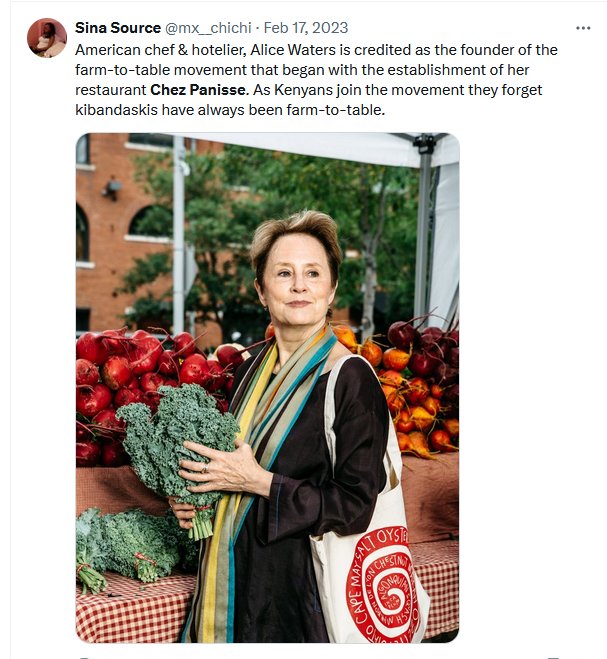 Alice Waters is the founder of the non-profit Edible Schoolyard. I know, I know, there's a spiral on her bag. Let's keep going.