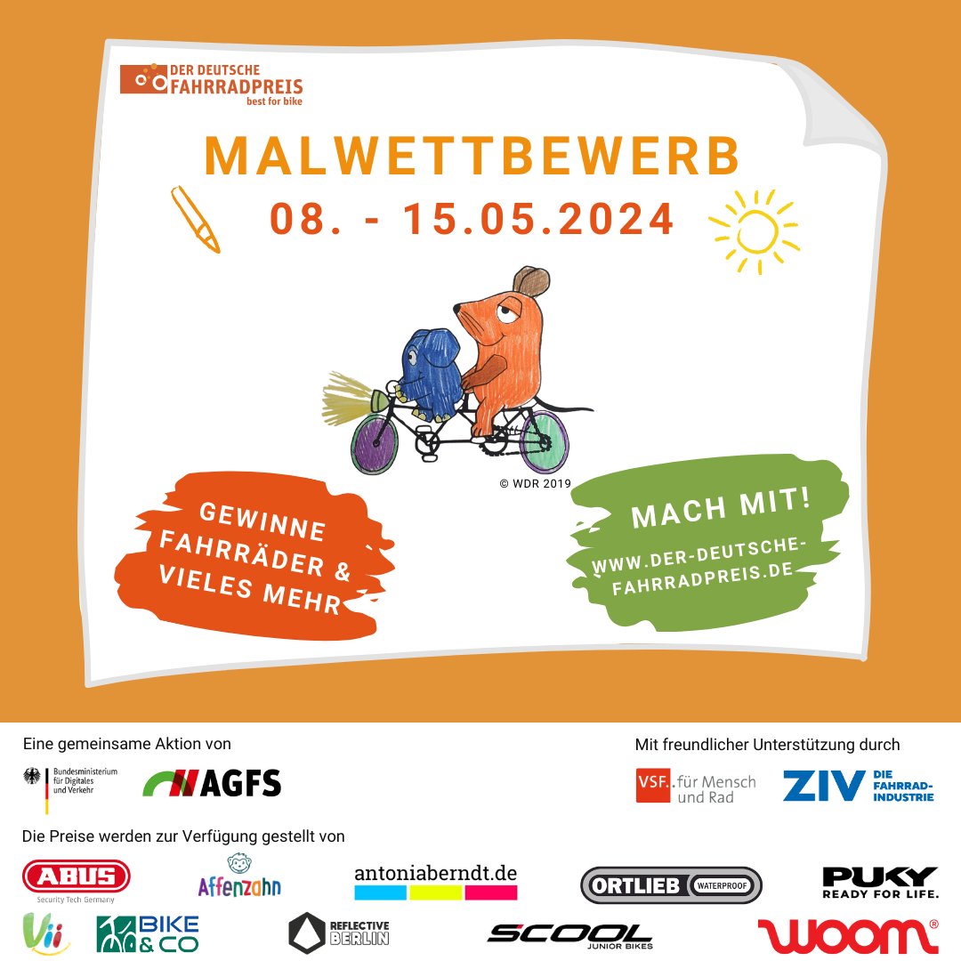 Verbund Service und Fahrrad (@der_vsf) on Twitter photo 📣Sind die Buntstifte angespitzt ? Nur noch 2 Tage, dann endet unser <a href="/derfahrradpreis/">Der Dt. Fahrradpreis</a> Kinder-Malwettbewerb am 15.05.2024. Mal deinen schönsten Fahrradausflug mit der Maus🚲. Jetzt mitmachen und mit etwas Glück tolle Preise gewinnen! 👉der-deutsche-fahrradpreis.de/malwettbewerb/ 📣Sind die Buntstifte angespitzt ? Nur noch 2 Tage, dann endet unser <a href="/derfahrradpreis/">Der Dt. Fahrradpreis</a> Kinder-Malwettbewerb am 15.05.2024. Mal deinen schönsten Fahrradausflug mit der Maus🚲. Jetzt mitmachen und mit etwas Glück tolle Preise gewinnen! 👉der-deutsche-fahrradpreis.de/malwettbewerb/