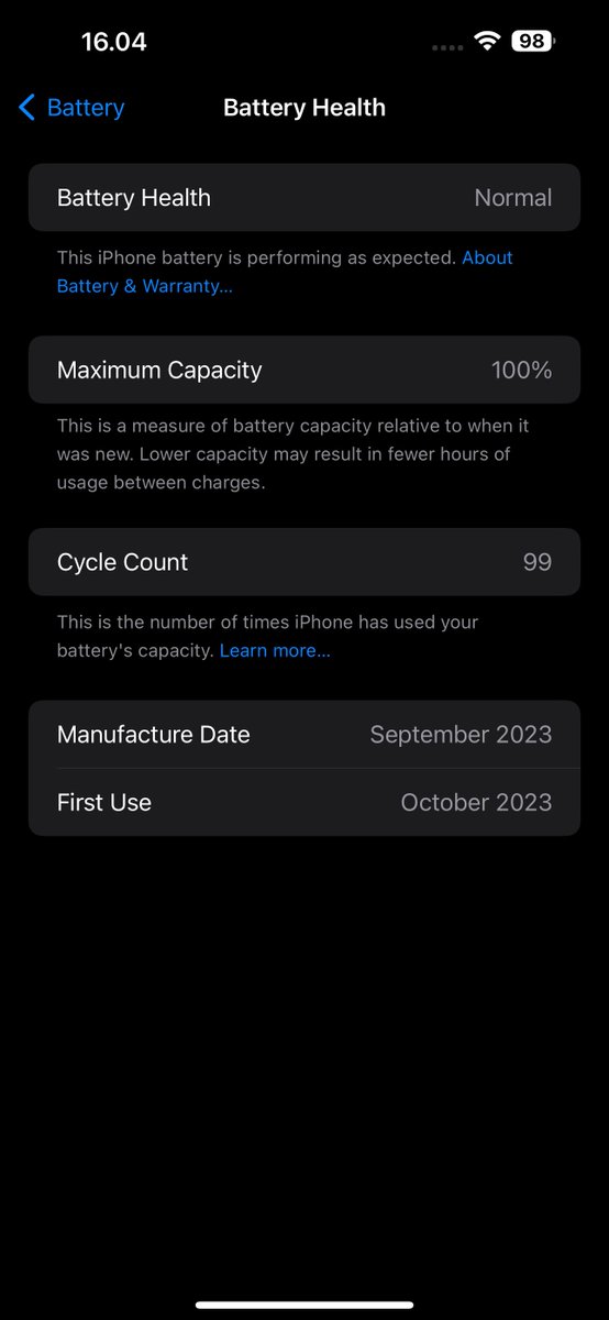 Less than 100 cycle count on my iPhone 15 Pro Max. Still at 100% maximum battery capacity. Still waiting for the day this phone’s battery health percentage goes down to 99%. I hope it will stay at 100% up until the 16 Pro Max comes out.