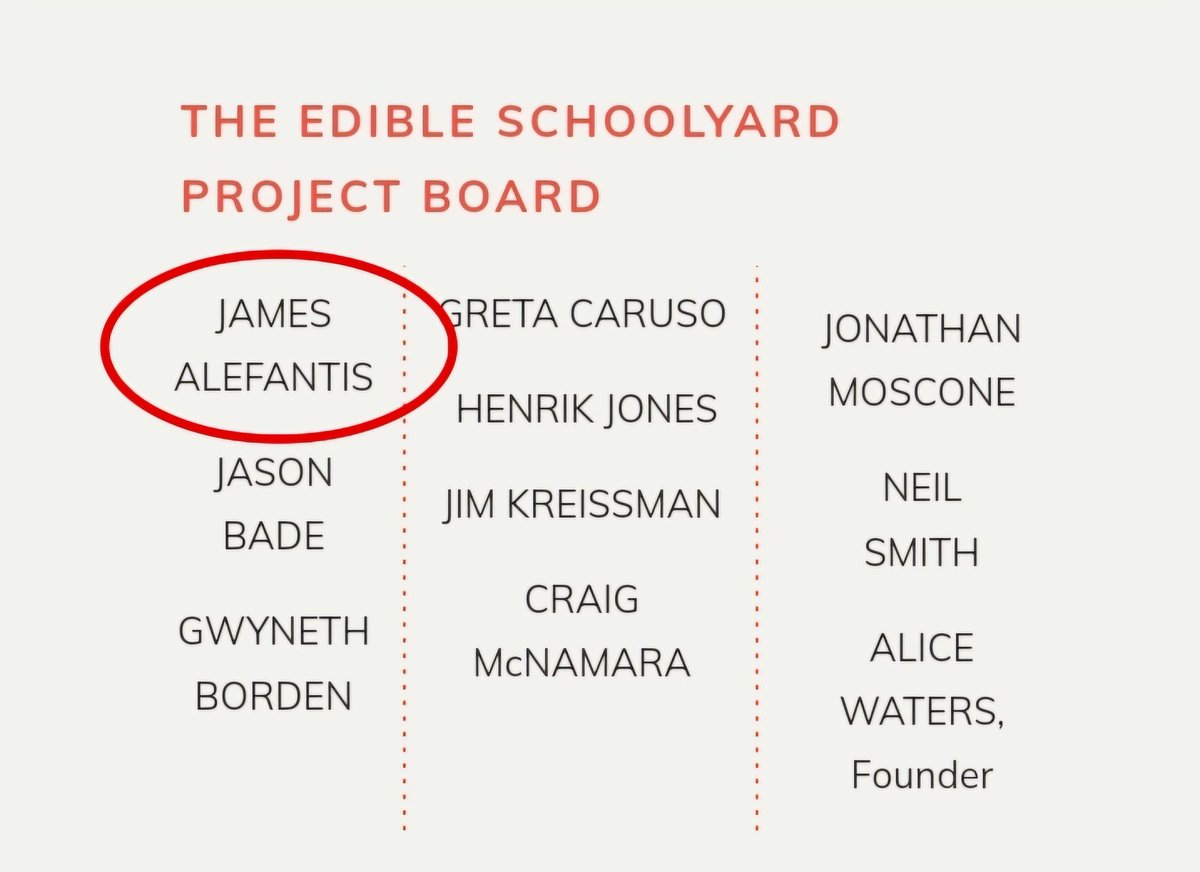 Ok, you get the picture. It's not even a viable idea. Not to mention, the name 'Edible Schoolyard' is terrible. Is that a play on words? Anyway, let's dive into the weeds. James Alefantis of Comet Ping Pong is currently on the project board of The Edible Schoolyard. Source