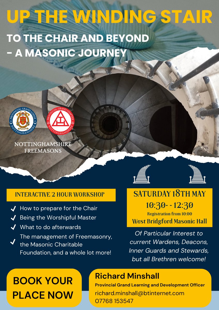 Nottinghamshire Freemasons (@nottsmasons) on Twitter photo There's still time to book your place for the upcoming workshop on how to prepare to lead your Lodge!
Contact the Provincial Learning and Development Officer, Richard Minshall, to reserve your spot!
richard.minshall@btinternet.com
#Freemasons There's still time to book your place for the upcoming workshop on how to prepare to lead your Lodge!
Contact the Provincial Learning and Development Officer, Richard Minshall, to reserve your spot!
richard.minshall@btinternet.com
#Freemasons