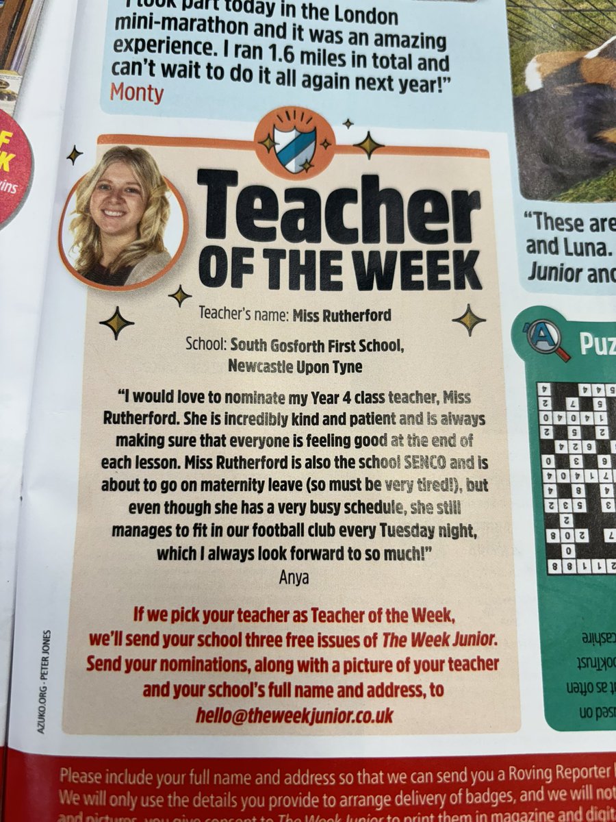 Intent: Character
Our wonderful Miss Rutherford is named as ‘Teacher of the Week’ in national magazine, The Week Junior! Thank you Anya for nominating her - This recognition is well deserved ❤️