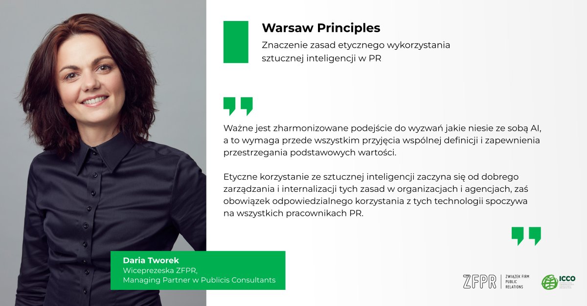 🔥 Związek Firm PR wdraża „Warsaw Principles”, czyli 10 zasad etycznego wykorzystania sztucznej inteligencji w public relations, opracowane przez <a href="/ICCOpr/">ICCOpr</a>.

Dowiedz się więcej➡️ zfpr.pl/zfpr-wdraza-wa…

#EtykaPR #EthicalAI #PublicRelations #WarsawPrinciples #AIinPR #ICCO