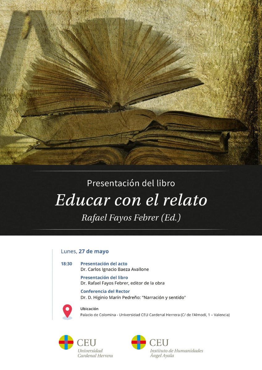 Instituto CEU de Humanidades Ángel Ayala (@ceuayala) on Twitter photo 📢📖 Presentación del libro "Educar con el relato" editado nuestro prof. <a href="/uchceu/">Universidad CEU UCH</a> Rafael Fayos Febrer en <a href="/EUNSAediciones/">EUNSA Ediciones Universidad de Navarra</a>
🗓️ Lunes 27 de mayo de 2024
⏰ 18:30
📍 Palacio de Colomina, C/ de l'Almodí 1, Valencia
#StoryTelling 📢📖 Presentación del libro "Educar con el relato" editado nuestro prof. <a href="/uchceu/">Universidad CEU UCH</a> Rafael Fayos Febrer en <a href="/EUNSAediciones/">EUNSA Ediciones Universidad de Navarra</a>
🗓️ Lunes 27 de mayo de 2024
⏰ 18:30
📍 Palacio de Colomina, C/ de l'Almodí 1, Valencia
#StoryTelling