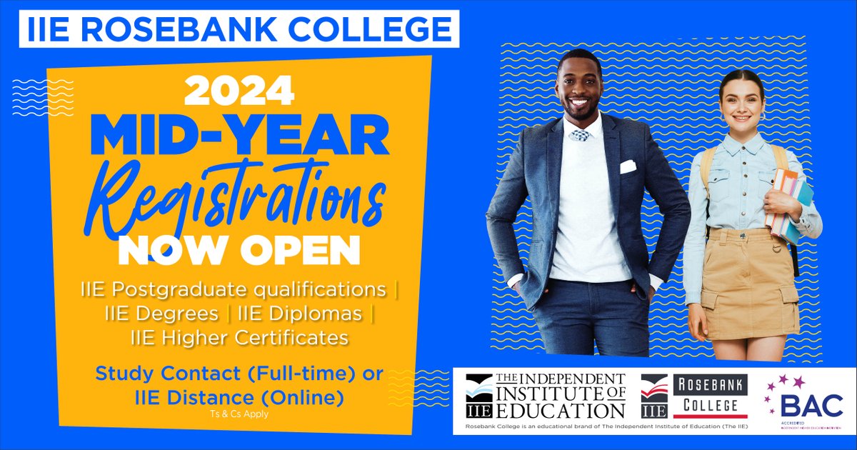 2024 Mid-year registrations are now open! Take your chance to embark on a journey of learning and growth with us by applying through this link: bit.ly/32tLVoA or send a WhatsApp text to 087 240 6457. #iierosebankcollege #2024midyear #registrationopen