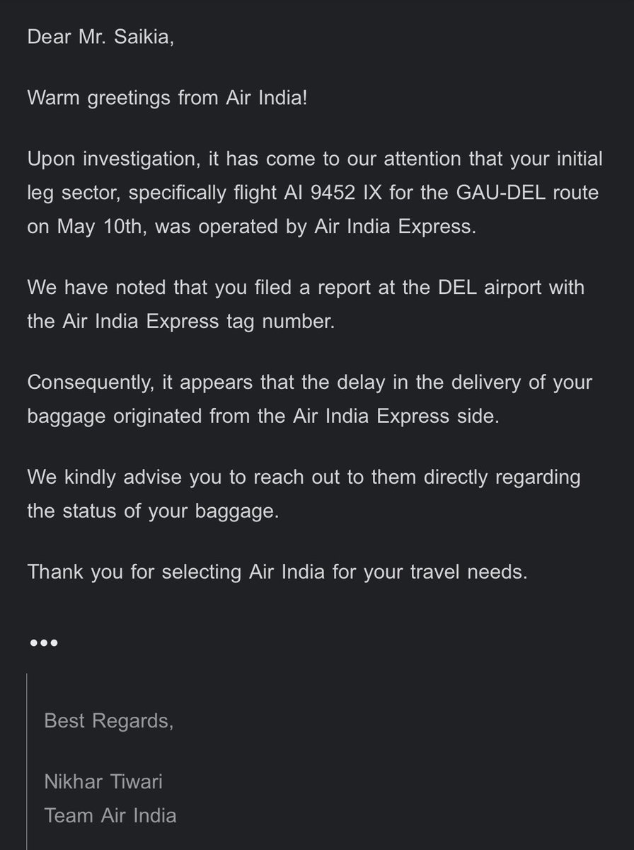 PARTHASAIKIA78's tweet photo. @airindia @AirIndiaX ..i booked the ticket through air india app.&amp; my complaint in dubai airport only not air india express.And this is the response i got.plz return the bag ASAP. https://t.co/4f5U4tj6BP