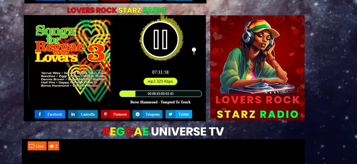 Rádio Lovers Rock Starz
🔊Tocando agora⏯Beres Hammond-Tempted To Touch @ reggae-universe.com/#LoversRockSta… @ReggaeStarz_RSR @reggaeunivrse @reggaeunrecords @reggaeunivrsetv @savedancehall #roots #Reggae #soca #dancehall #loversrock #Dub #Jamaica #ReggaeUniverse🌍#moederdag #Goedemorgen
