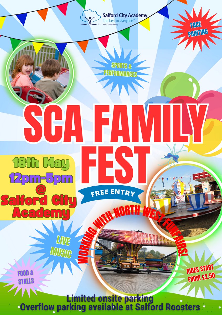 .@SCA_Community are holding a Family Festival at Salford City Academy on Saturday between midday and 5pm. The event is free - see more details in the poster.