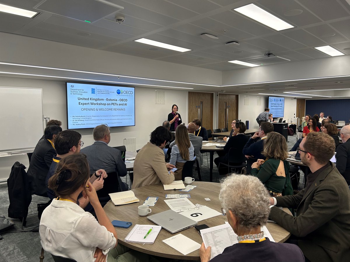 Responsible Technology Adoption Unit (@rtaugovuk) on Twitter photo Today we’re co-hosting a UK-Estonia-<a href="/OECD/">OECD ➡️ Better Policies for Better Lives</a> Workshop on PETs and AI.
We kicked off the day with opening remarks from <a href="/felicityburch/">Felicity Burch</a>, <a href="/OttVelsberg/">Ott Velsberg</a> and <a href="/alplonk/">Audrey Plonk</a>.
Discussions will cover both privacy enhancing technologies themselves, and the implications for policy-makers. Today we’re co-hosting a UK-Estonia-<a href="/OECD/">OECD ➡️ Better Policies for Better Lives</a> Workshop on PETs and AI.
We kicked off the day with opening remarks from <a href="/felicityburch/">Felicity Burch</a>, <a href="/OttVelsberg/">Ott Velsberg</a> and <a href="/alplonk/">Audrey Plonk</a>.
Discussions will cover both privacy enhancing technologies themselves, and the implications for policy-makers.