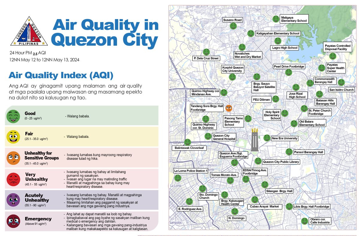 Kalidad ng hangin sa Quezon City May 12-13, 2024 Good news, QCitizens! Dumoble na ang bilang ng ating air quality monitoring sensors! Dahil sa 40 sensors, Quezon City ang may pinakamalawak na air quality network sa bansa na strategically located sa buong lungsod.