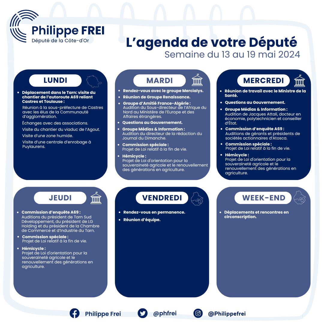 📅 Retrouvez mon agenda de la semaine du 13 au 19 mai 2024 à l’@AssembleeNat, en circonscription #circo2103 et dans le #Tarn !  

📲 Pour ne rien manquer de mon activité ⤵️
Twitter : bit.ly/3vYpJBw
Facebook : bit.ly/3SrL267
Instagram : bit.ly/3OwLBut