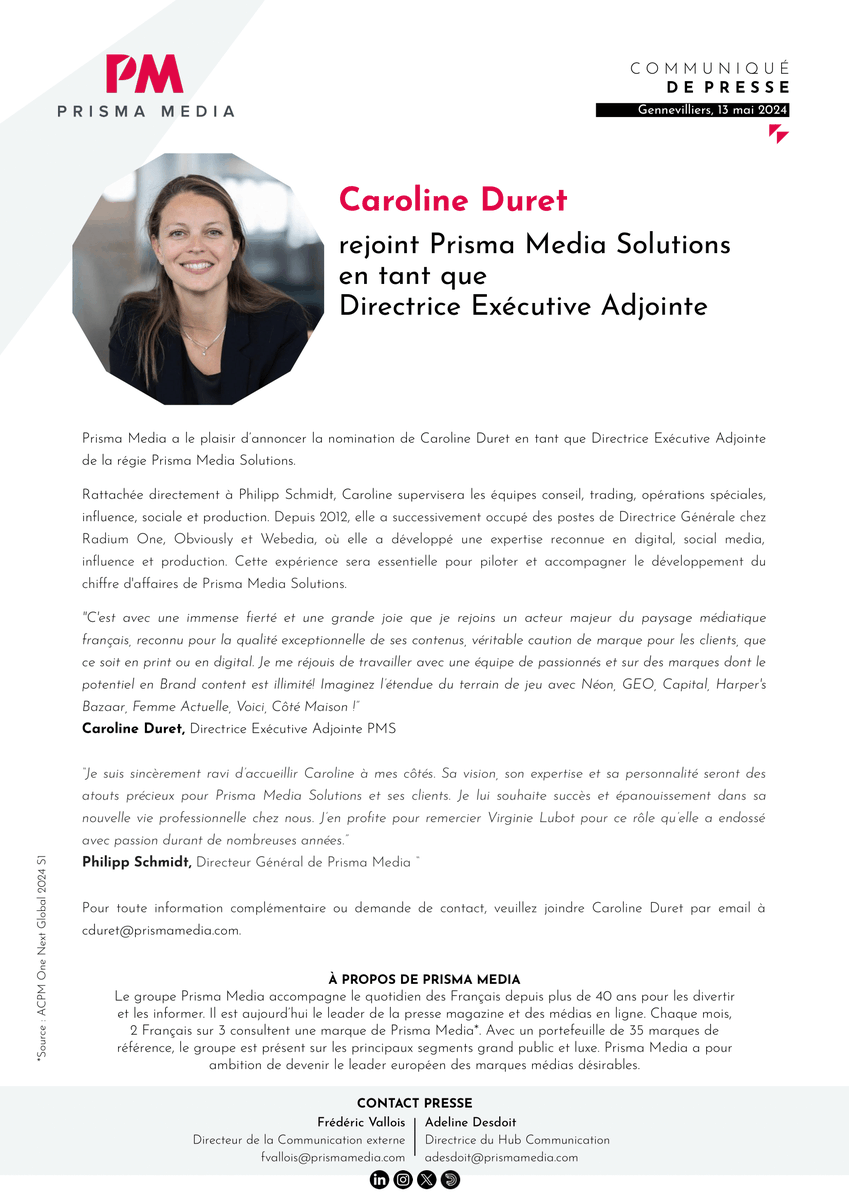 Prisma Media a le plaisir d’annoncer la nomination ce jour de Caroline Duret en tant que Directrice Exécutive Adjointe de la régie Prisma Media Solutions. #nomination #PMS #CP 🔽🔽