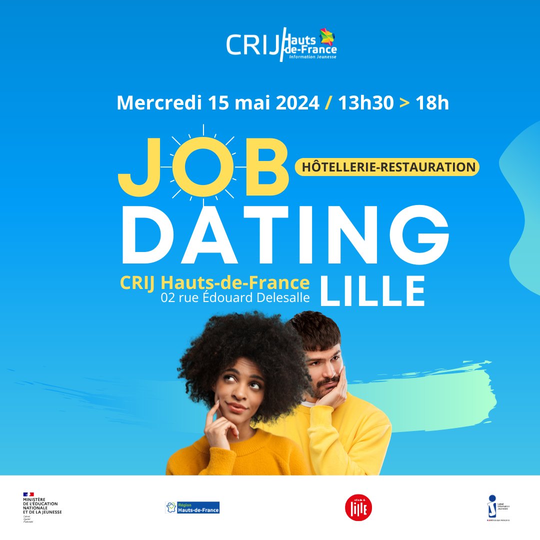 [#job🔎 ] Vous cherchez un job d'été ou un job étudiant❓ Participez au Job Dating Hôtellerie-Restauration et rencontrez les professionnels qui recrutent. 📆Merc 15 mai 2024 ⏲️13h30-18h 📌au CRIJ, 2 rue E. Delesalle à #Lille ▶️ ij-hdf.fr/evenement/470/…