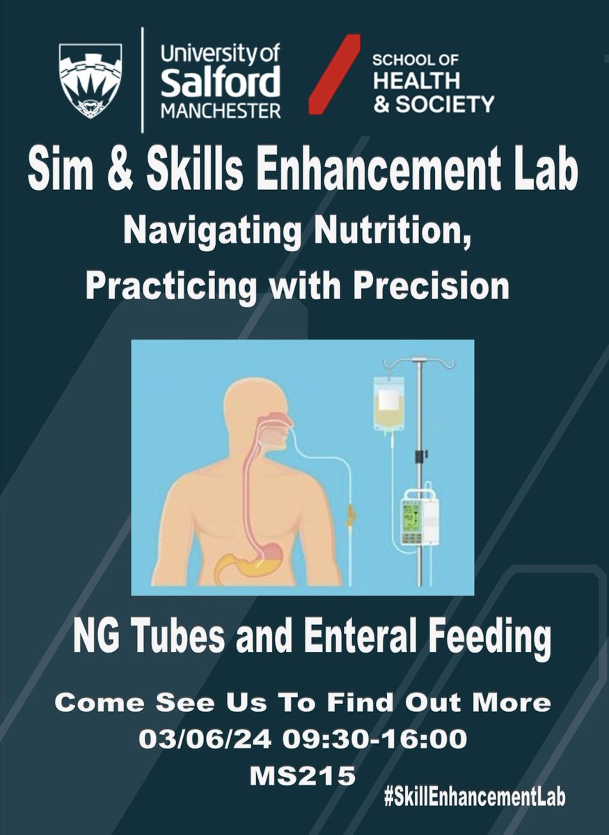 Struggling to gain exposure to NG tubes &amp; Enteral feeding? 

Come see us at the #SkillEnhancementLab, Gain experience, develop confidence &amp; practice safely. Like &amp; Share! 
<a href="/SimandSkillsUoS/">UoS Simulation and Skills Team</a> <a href="/UoS_HealthSoc/">UoS Health & Society</a> <a href="/UoS_Students/">UoS_Students</a> <a href="/UoS_CYPNursing/">UoS_CYPNursing</a> <a href="/UoSadultnursing/">UoS_AdultNursing</a> <a href="/UoS_MHNurs/">UoS_MHNurs</a>