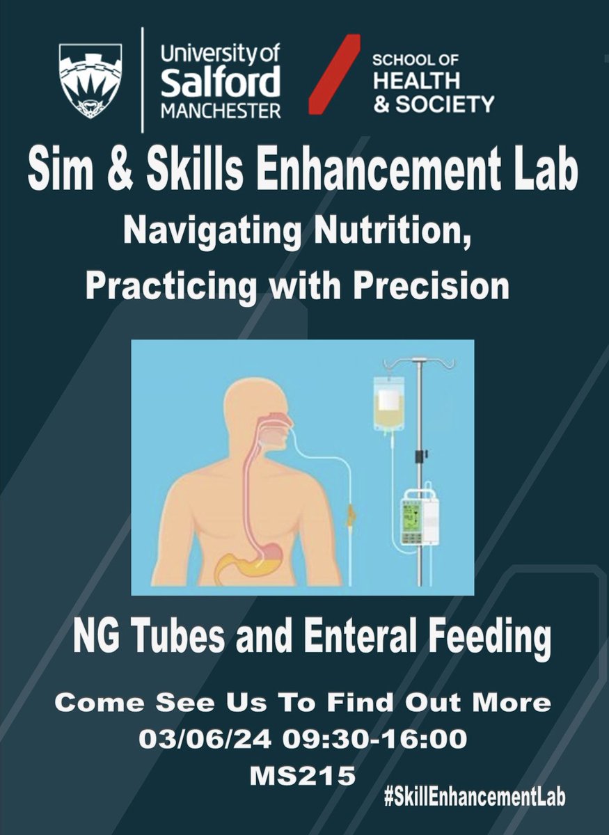 Struggling to gain exposure to NG tubes & Enteral feeding? Come see us at the #SkillEnhancementLab, Gain experience, develop confidence & practice safely. Like & Share! @SimandSkillsUoS @UoS_HealthSoc @UoS_Students @UoS_CYPNursing @UoSadultnursing @UoS_MHNurs