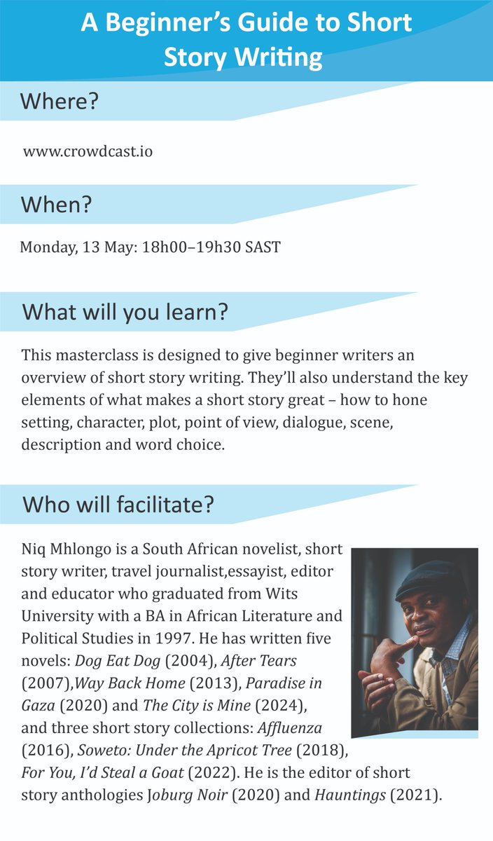 No plans this evening? We've got you covered! Join the FREE Jacana Don't Shut Up Online Masterclass at 6PM tonight with @NiqMhlongo. He'll be guiding you through 'A Beginner's Guide to Short Story Writing' - the perfect way to spark your creativity & craft your first masterpiece!