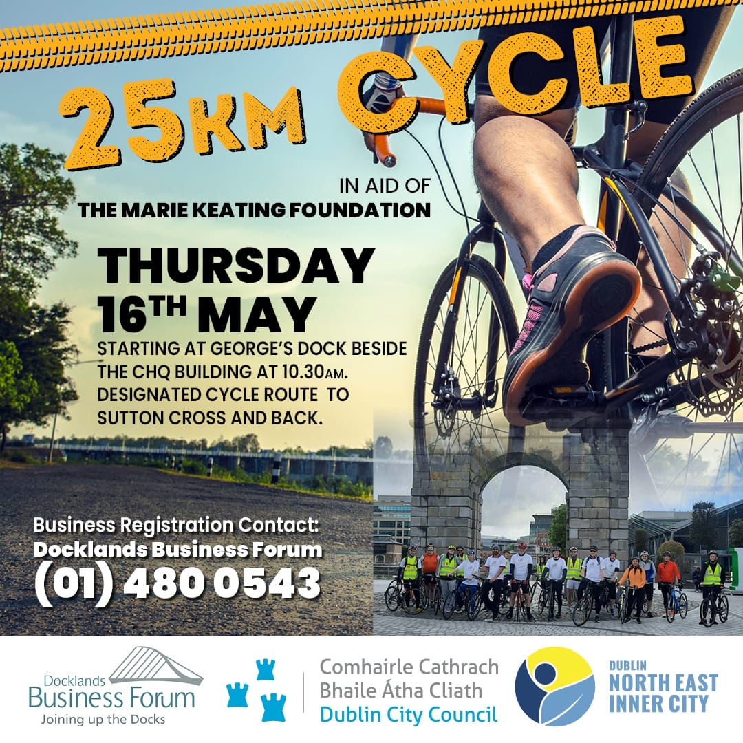 Head to George's Dock on this Thursday the 16th at 10:30am for the annual charity cycle as part of #DocklandsCharityWeek 🚴For Business Registration contact 01 480 0543 or head to docklandsbusinessforum.ie ! #NEIC #25kmCycle