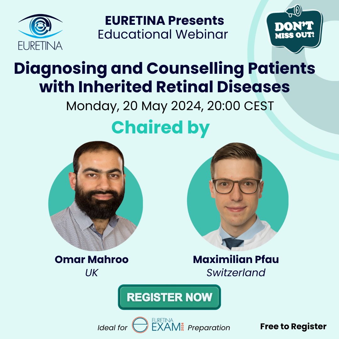 Excited about the forefront of diagnosing and counseling patients with inherited retinal diseases? Join our expert-led webinar, chaired by Maximilian Pfau and Omar Mahroo for in-depth discussions! 📌 Register Here: ow.ly/11lB50RE75y #Webinar