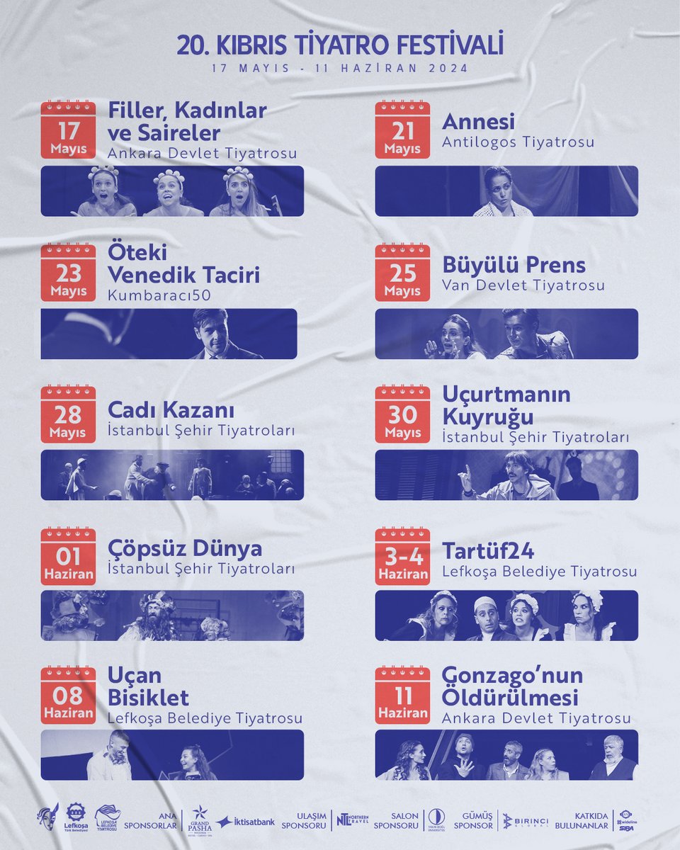 Lefkoşa Türk Belediyesi'nin düzenlediği 20. Kıbrıs Tiyatro Festivali'nin bilet satışı devam ediyor. Festival, 17 Mayıs Cuma akşamı 20.30'da başlıyor. 🎭 Biletleri, Lefkoşa Belediye Tiyatrosu'ndan ve biletinial.com adresinden temin edebilirsiniz.