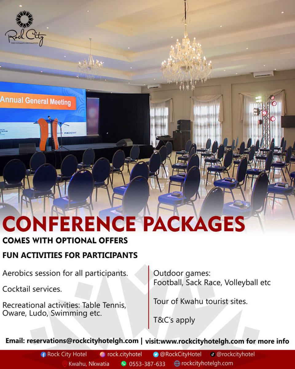 Don't miss out on the opportunity to make the most of your conference experience at Rock City Hotel.

For reservations: reservations@rockcityhotelgh.com/ 055-3387633/ 059-3826245/ 050-0636205 

#RockCityHotel 
#RockCityExperience 
#conference #meetings #businessmeetings