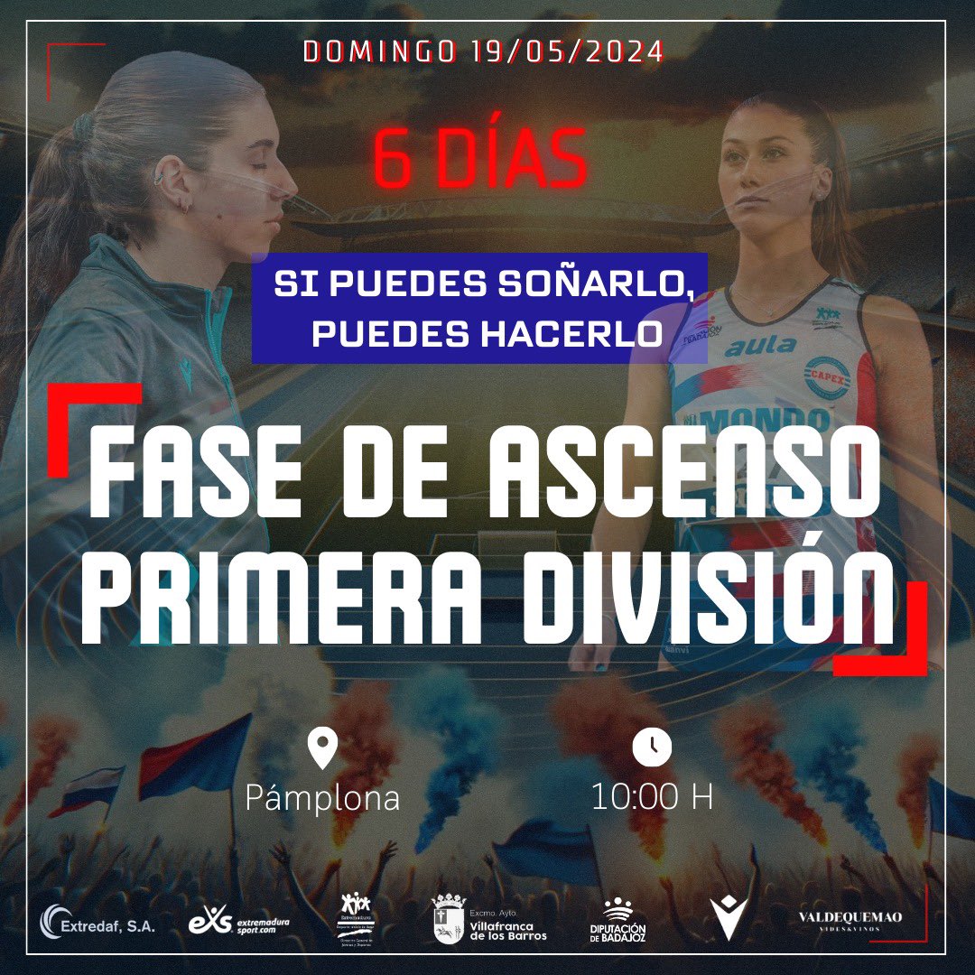 6 DÍAS
FASE DE ASCENSO A 1ª DIVISIÓN
“SI PUEDES SOÑARLO, PUEDES HACERLO”

#filosofiacapex #capex #mujerydeporte #mujer #HaciendoHistoria #atletismo #atletismofemenino