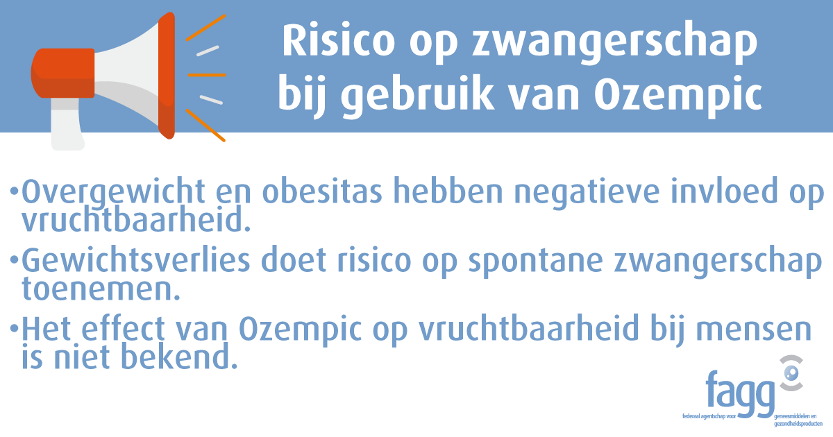 Getuigenissen op sociale media over onverwachte zwangerschappen bij gebruik van Ozempic: het effect op de vruchtbaarheid bij mensen is niet bekend. Het FAGG wil de aandacht vestigen op de risico’s die zijn verbonden aan het gebruik van dit geneesmiddel: fagg.be/nl/news/risico…