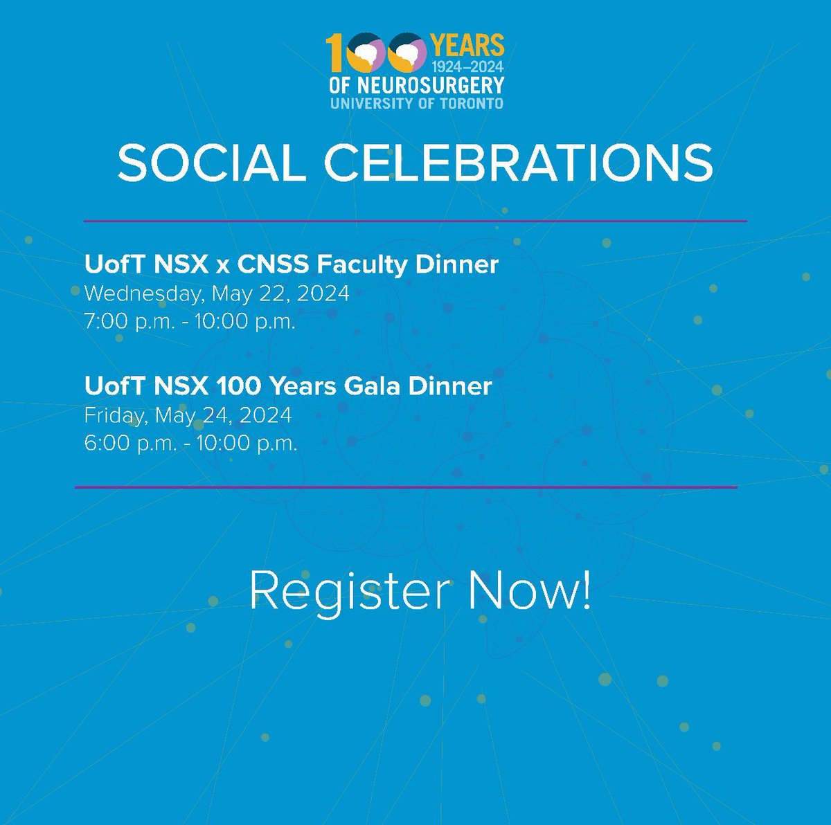 Just one week until we begin the #courses, #scientific celebrations, and #social events to celebrate the #100th anniversary of @UofT #Neurosurgery! Don’t miss out - there’s still time to register: bit.ly/3PihHdP @CNSFNeuroLinks @ICOMeningioma @gelarehzadeh