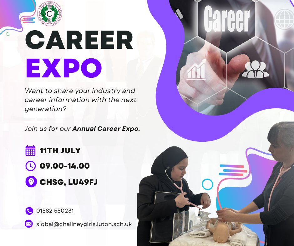 Are you an employer, FE or HE provider? Join us for our Annual Career Expo in July! Book now, as stalls are limited and will be offered on a first come, first served basis.  To book: siqbal@challneygirls.luton.sch.uk  #careersfair #careerfair #careerexpo #jobfair