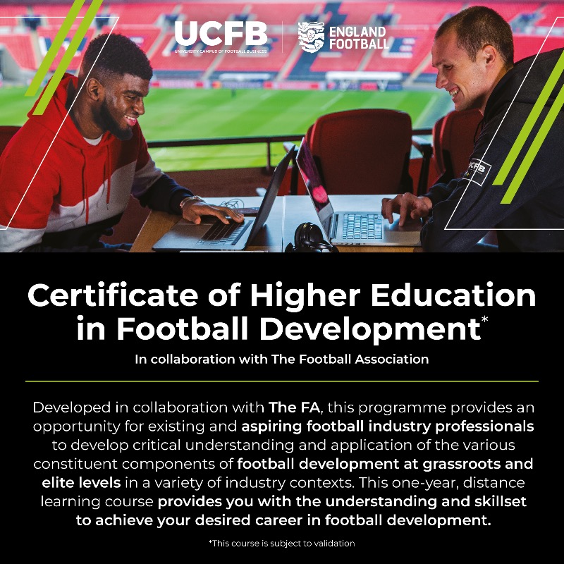 UCFB has launched a new Certificate of Higher Education in collaboration with @Englandfootball and the @FA to support career opportunities within football development 🎓

Read more: bit.ly/3Vh6vBW