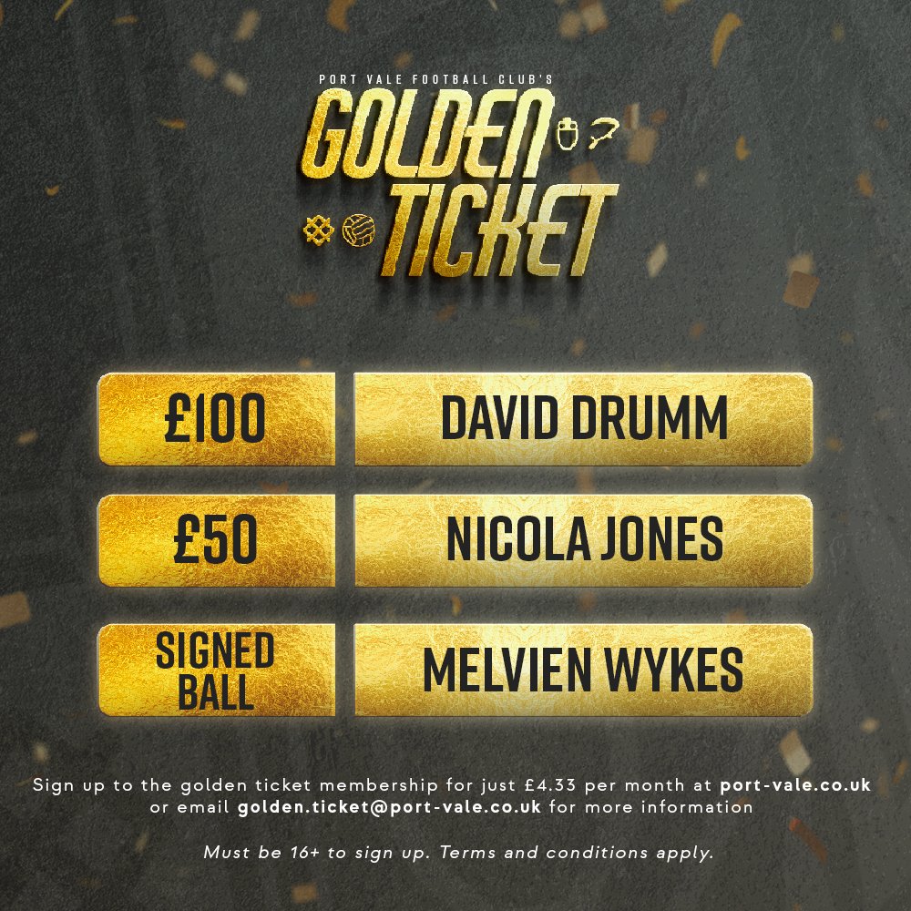 Congratulations to last week's Golden Ticket winners! 👏 🥇 £100 - David Drumm 🥈 £50 - Nicola Jones 🥉 PVFC Ball - Melvien Wykes #PVFC | #UTV