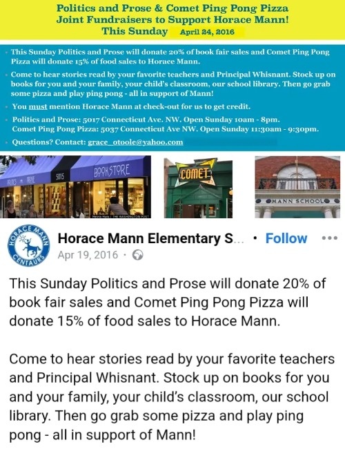 There were several Edible Schoolyard schools that routinely held events at Comet Pizza. I will just be highlighting one. Horace Mann Elementary School. This is a Facebook post that is still active.