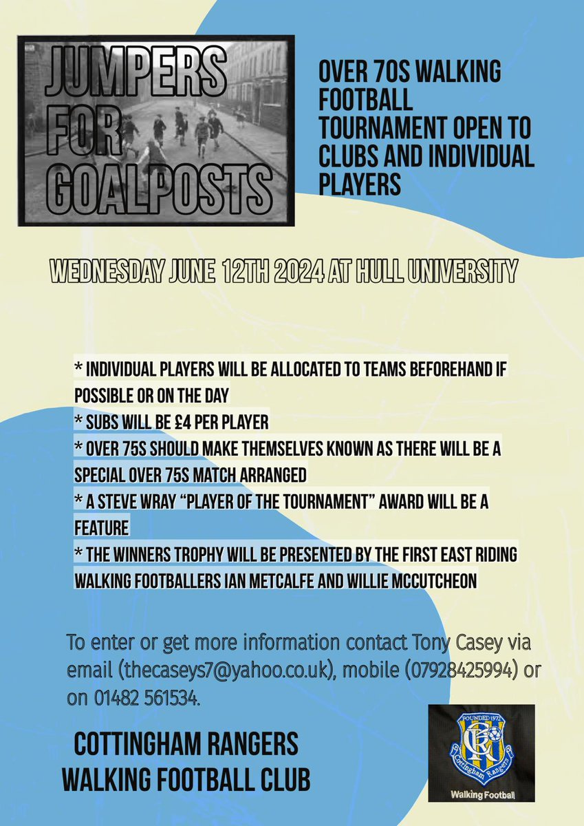 🚶‍♂️ <a href="/CottRangers/">Cottingham Rangers</a> Walking Football Club are hosting an over 70's Walking Football Tournament which is open to both and individuals.

Contact details are listed below 👇