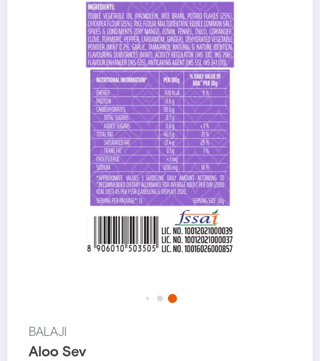 Sidilitious's tweet photo. Most aloo sevs will have Oil (majorly palm) as their 1st ingredient. 
That means it is EVEN MORE than the besan and potato content. #LabelPadhegaIndia https://t.co/iEexdxhIUS