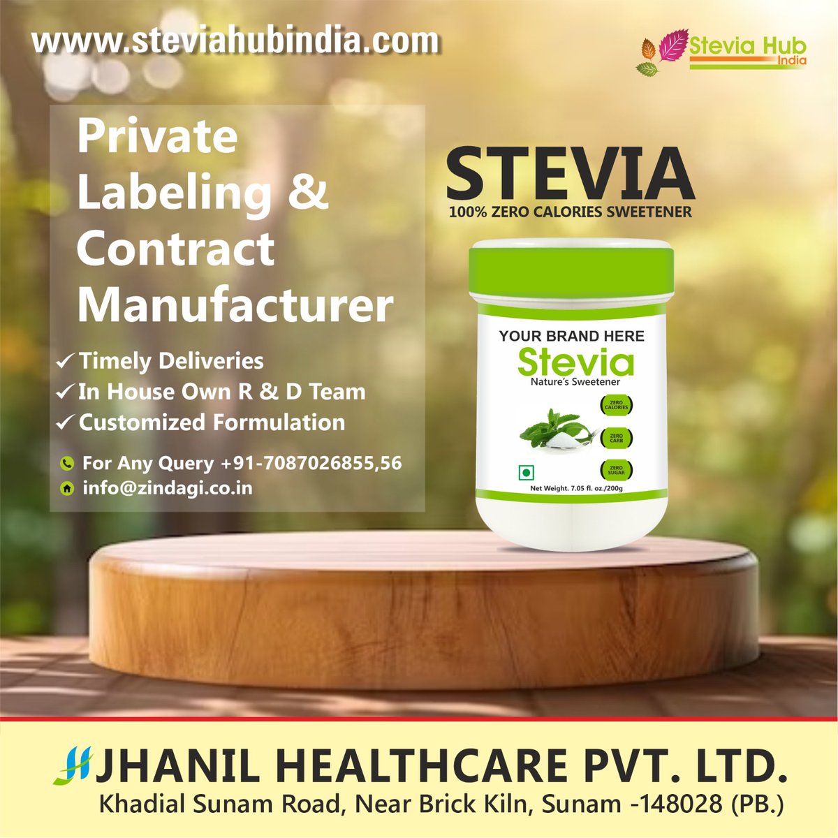 Stevia Hub India - Empower innovation through collaborative third-party manufacturing for superior #stevia products and streamlined processes. 

Contact us on 7087026856,51
Mail id: vakul@zindagi.co.in

#stevia #steviapowder #zerocalorie #sweetener #natural #steviadrops