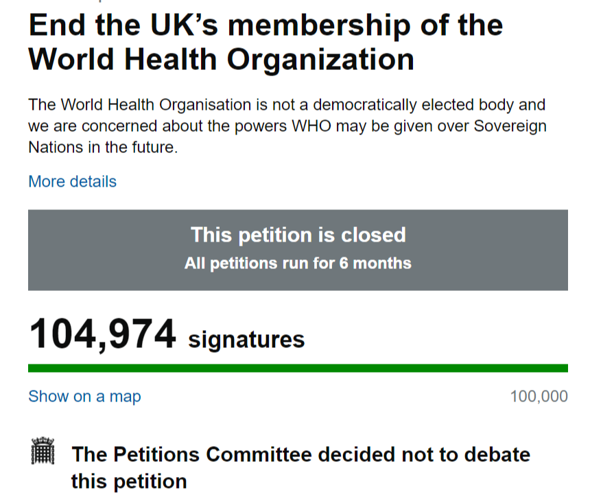 Democracy is an illusion at this point. What little power we had in petitions has now been taken from us. A petition to Leave the WHO got 100,000+ signatures which means it has to be debated in Parliament. But 'the Petitions Committee decided not to debate this petition' 😠