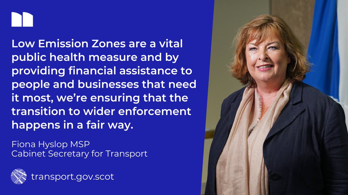 Today <a href="/FionaHyslop/">Fiona Hyslop</a> announces £5 million to re-open the #LowEmissionZone Support Fund for the fifth year in a row.

Low Emission Zones will help us:

🔹 protect #PublicHealth
🔹 improve #AirQuality
🔹 respond to the #ClimateEmergency

Read more ➡️ bit.ly/4dDxM8f