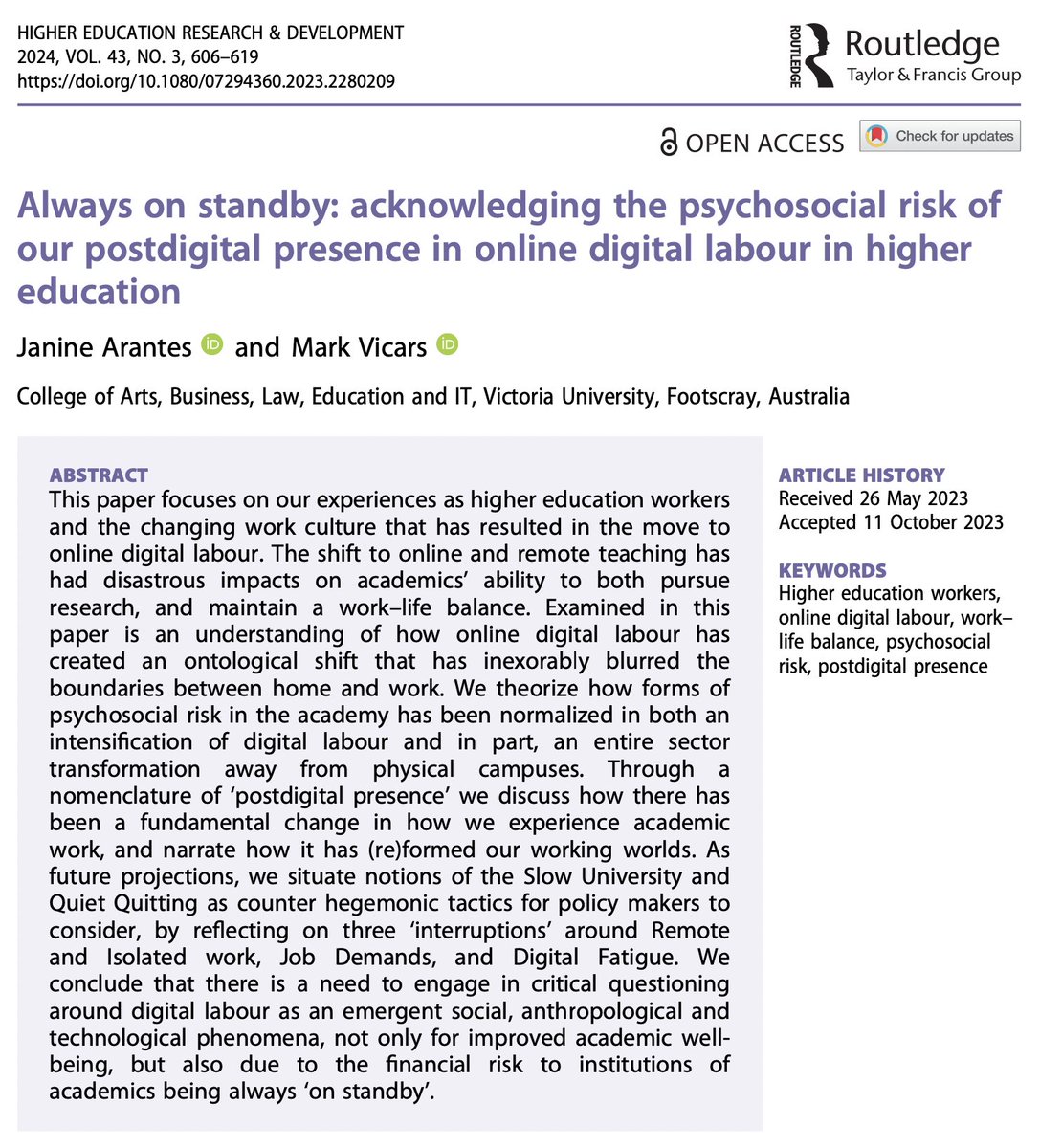 Always on standby: acknowledging the psychosocial risk of our postdigital presence in online digital labour in #HigherEd

<a href="/DrAldousArantes/">Janine Aldous Arantes</a> &amp; Mark Vicars

🔓→ doi.org/10.1080/072943…

#DigitalLabour #WorkLifeBalance #AcademicChatter #AcademicLife #QuietQuitting #DigitalFatigue