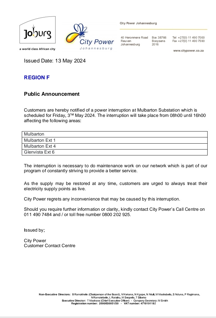 #CityPowerUpdates
#PlannedMaintenance
#ReuvenSDC

REGION F

Customers are hereby notified of a power interruption at Mulbarton Substation which is scheduled for Friday, 31st May 2024. The interruption will take place from 08h00 until 16h00. ^TM