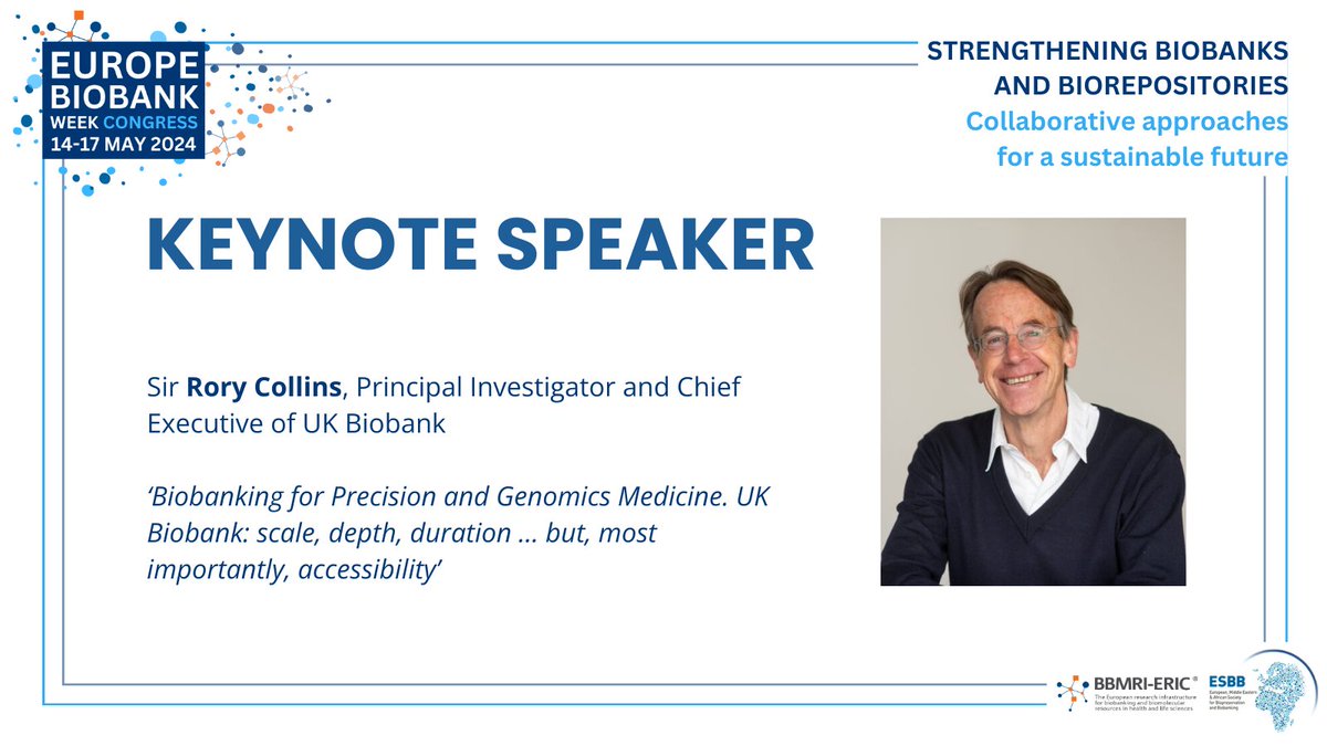 🗣️ Sir Rory Collins, Principal Investigator and Chief Executive of UK Biobank, is delivering the first #EBW24 keynote.

📄 His talk is entitled ‘Biobanking for Precision and Genomics Medicine. UK Biobank: scale, depth, duration … but, most importantly, accessibility’