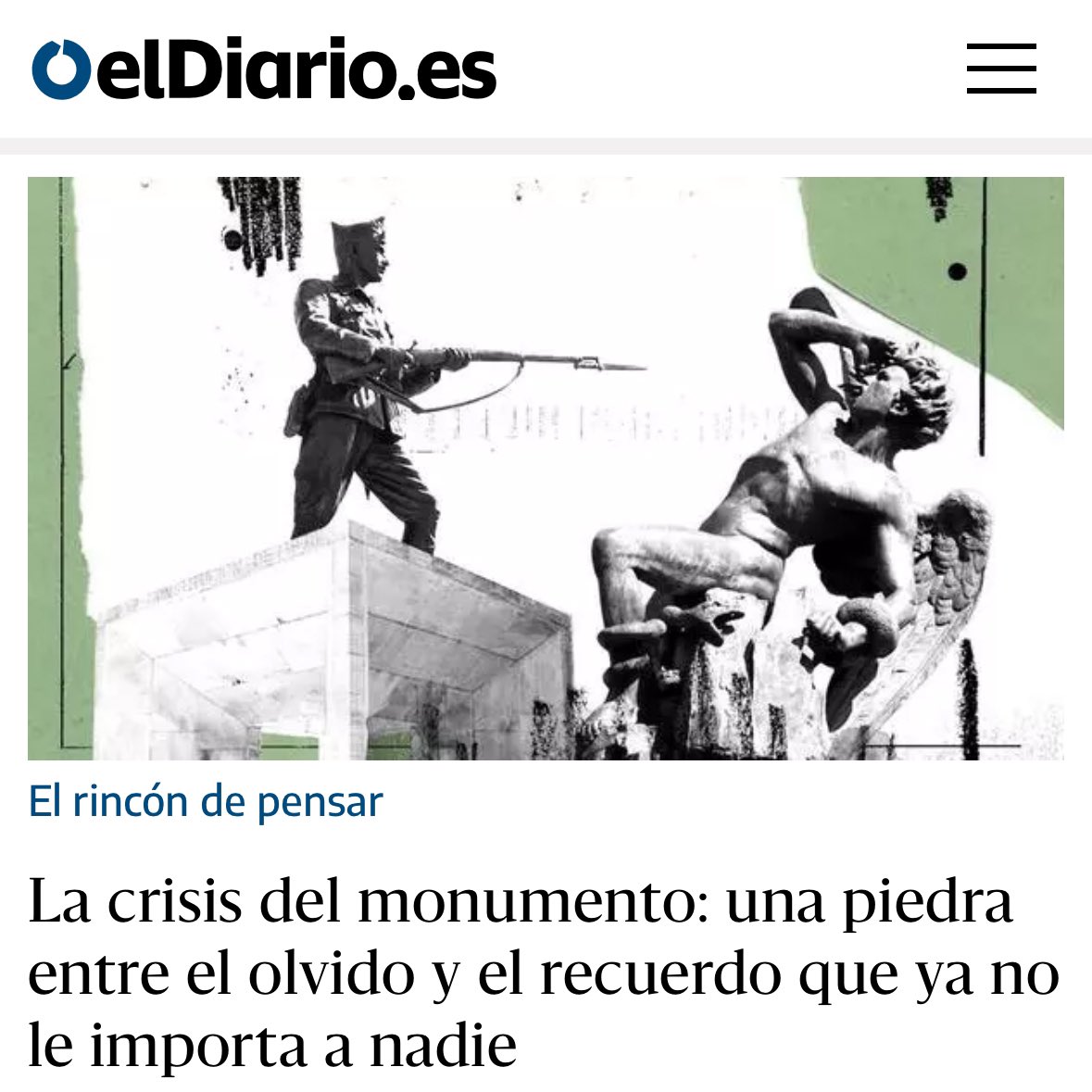 La crisis del monumento: una piedra entre el olvido y el recuerdo que ya no le importa a nadie. Ilustración para @eldiarioes Artículo: @elenac Dirección de arte: @DVelasco74 Domingo 12.05.24 #eldiarioes #elenacabrera #ilustracioneditorial #prensa #patriciabolinches