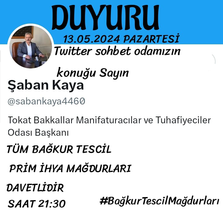 Sn. @sabankaya4460 Başkanım Bügün canlı sohbet odasına bizlerin sorunları için konuşmacı olarak katılmanız bizi onure etmiştir #BağkurTescilMağdurları ve bir zileli hemşeriniz olarak çok teşekkürler @RTErdogan @eczozgurozel @huseyin_alpay_ @HaberTokat @ekremacikel @tokattv60