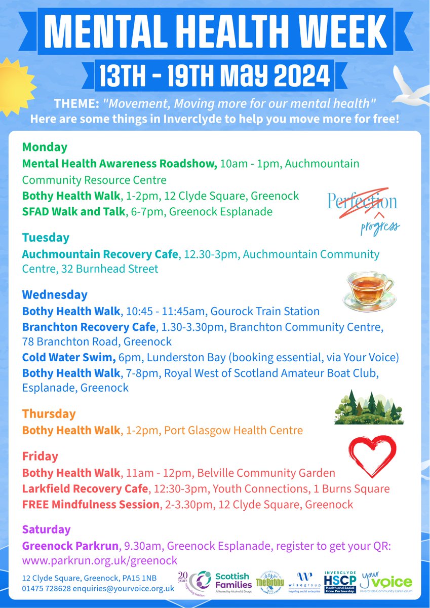 It's #MentalHealthAwarenessWeek and we have loads of FREE activities to help you move more! 🥰❤️

This year's theme is 'Movement: Moving more for our mental health'😁

Get in touch on 01475 728628 or enquiries@yourvoice.org.uk

#mentalhealth #inverclyde #inverclydecares